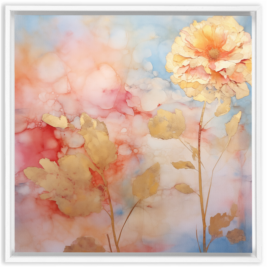 Delicate watercolor painting of soft, pastel-colored flowers with stems.