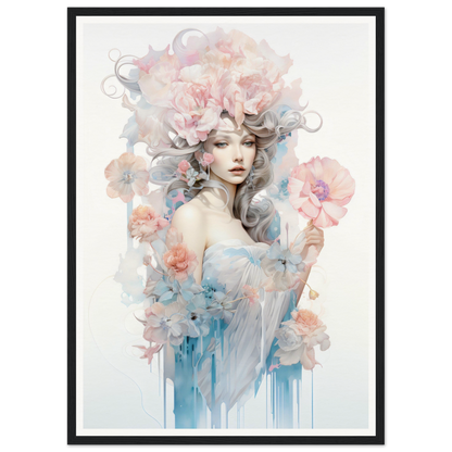 Ethereal watercolor-style portrait of a woman surrounded by delicate floral elements and soft pastel hues.