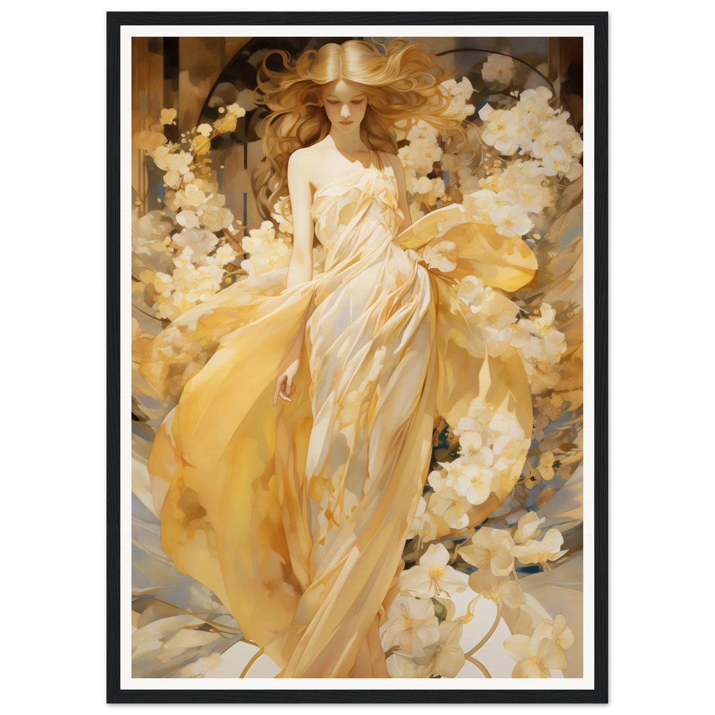 Ethereal figure in a flowing yellow gown surrounded by soft floral elements.