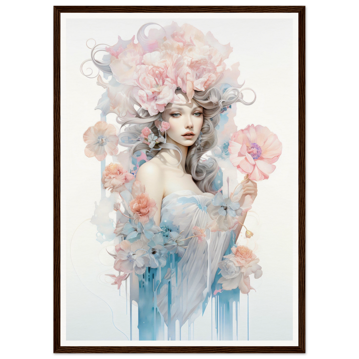 Ethereal watercolor-style portrait of a woman with floral elements and soft pastel colors.