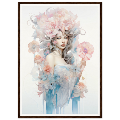 Ethereal watercolor-style portrait of a woman with floral elements and soft pastel colors.