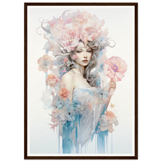 Ethereal watercolor-style portrait of a woman with floral elements and soft pastel colors.