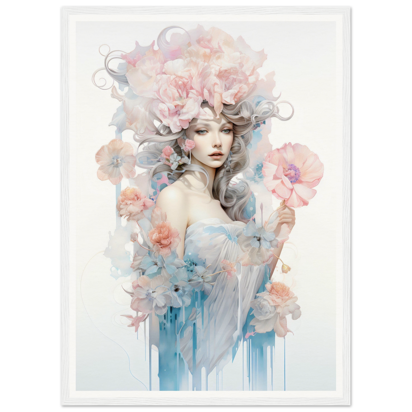 Ethereal watercolor portrait of a woman surrounded by delicate flowers and swirling pastel hues.