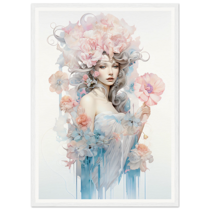 Ethereal watercolor portrait of a woman surrounded by delicate flowers and swirling pastel hues.