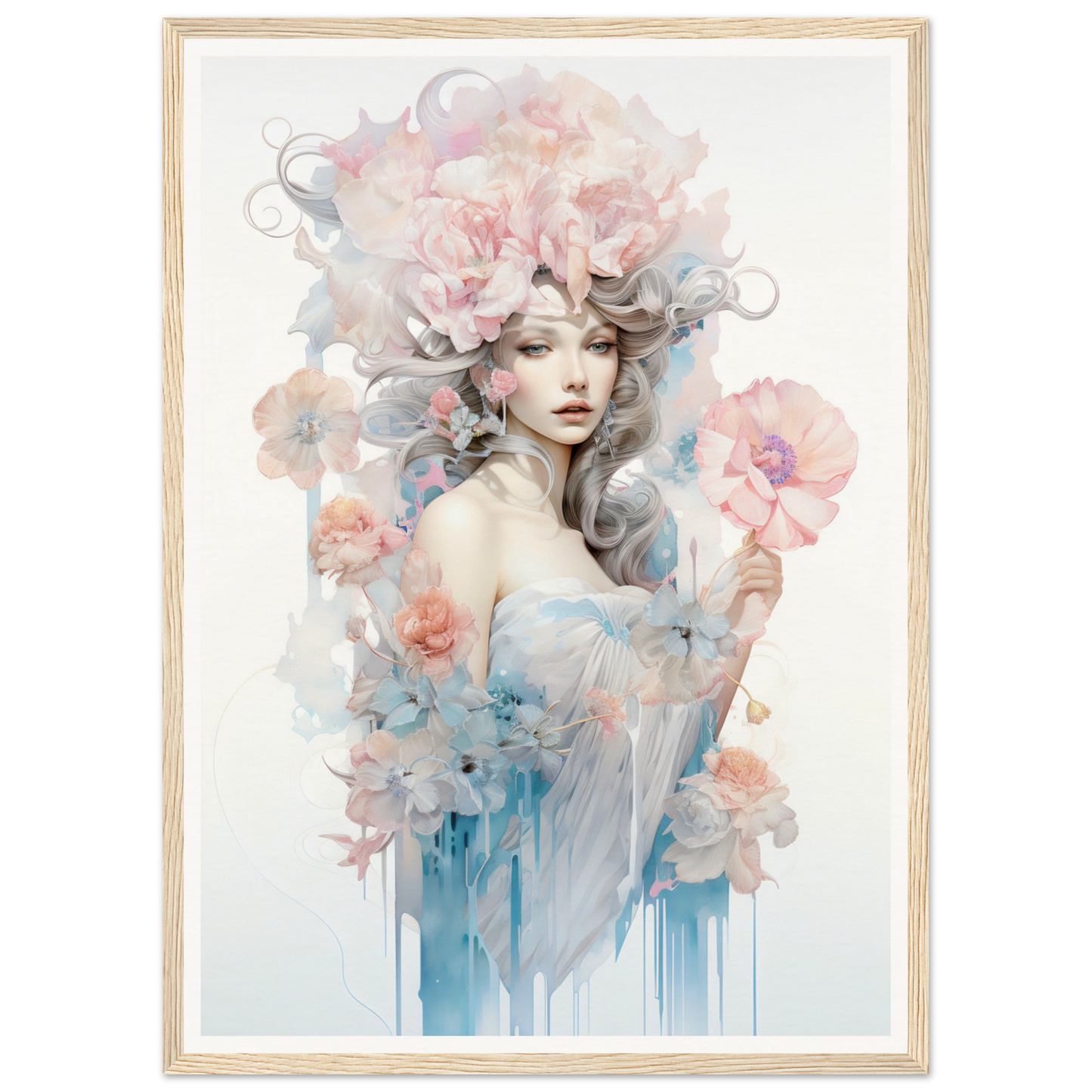 Ethereal portrait of a woman with floral elements and soft watercolor effects.