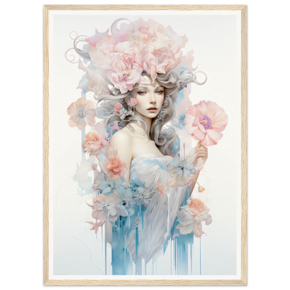 Ethereal portrait of a woman with floral elements and soft watercolor effects.