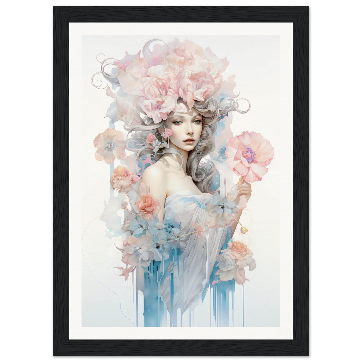 Ethereal watercolor-style portrait of a woman surrounded by soft floral elements and flowing colors.