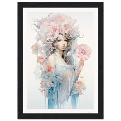 Ethereal watercolor-style portrait of a woman surrounded by soft floral elements and flowing colors.