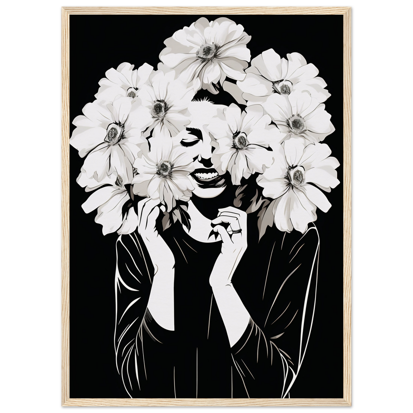 Artistic portrait combining a person’s silhouette with white flowers forming their hair.