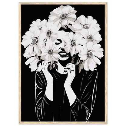 Artistic portrait combining a person’s silhouette with white flowers forming their hair.