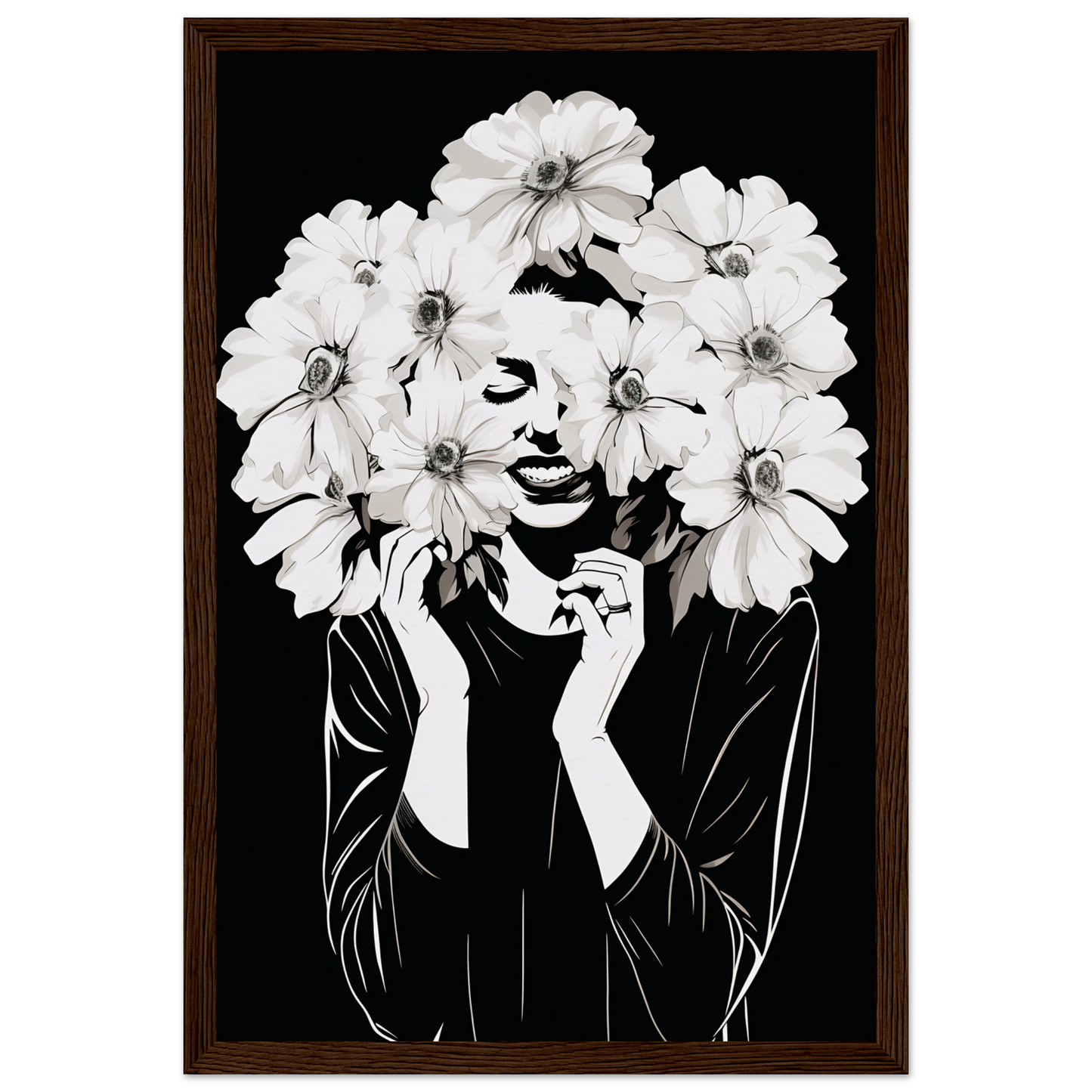 Artistic portrait combining a person’s face with large white flowers in a surreal, monochromatic style.