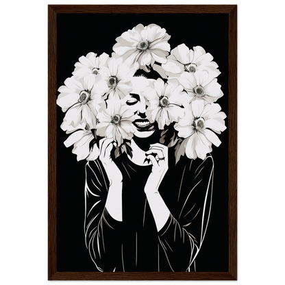 Artistic portrait combining a person’s face with large white flowers in a surreal, monochromatic style.