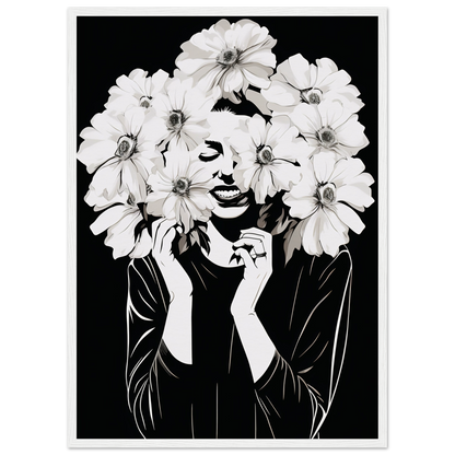 Artistic portrait of a person with white flowers forming their hair and framing their face.