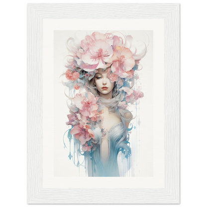 Ethereal portrait of a figure adorned with delicate pink and blue floral elements.