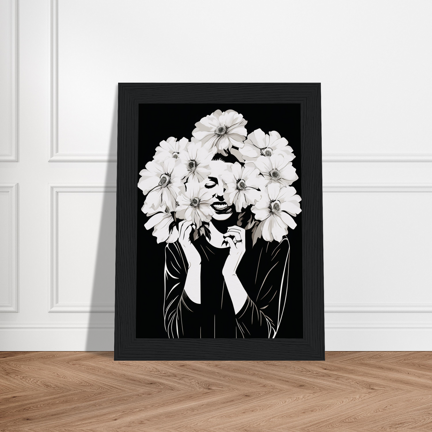 Framed black and white artwork depicting a person with flowers forming their hair.