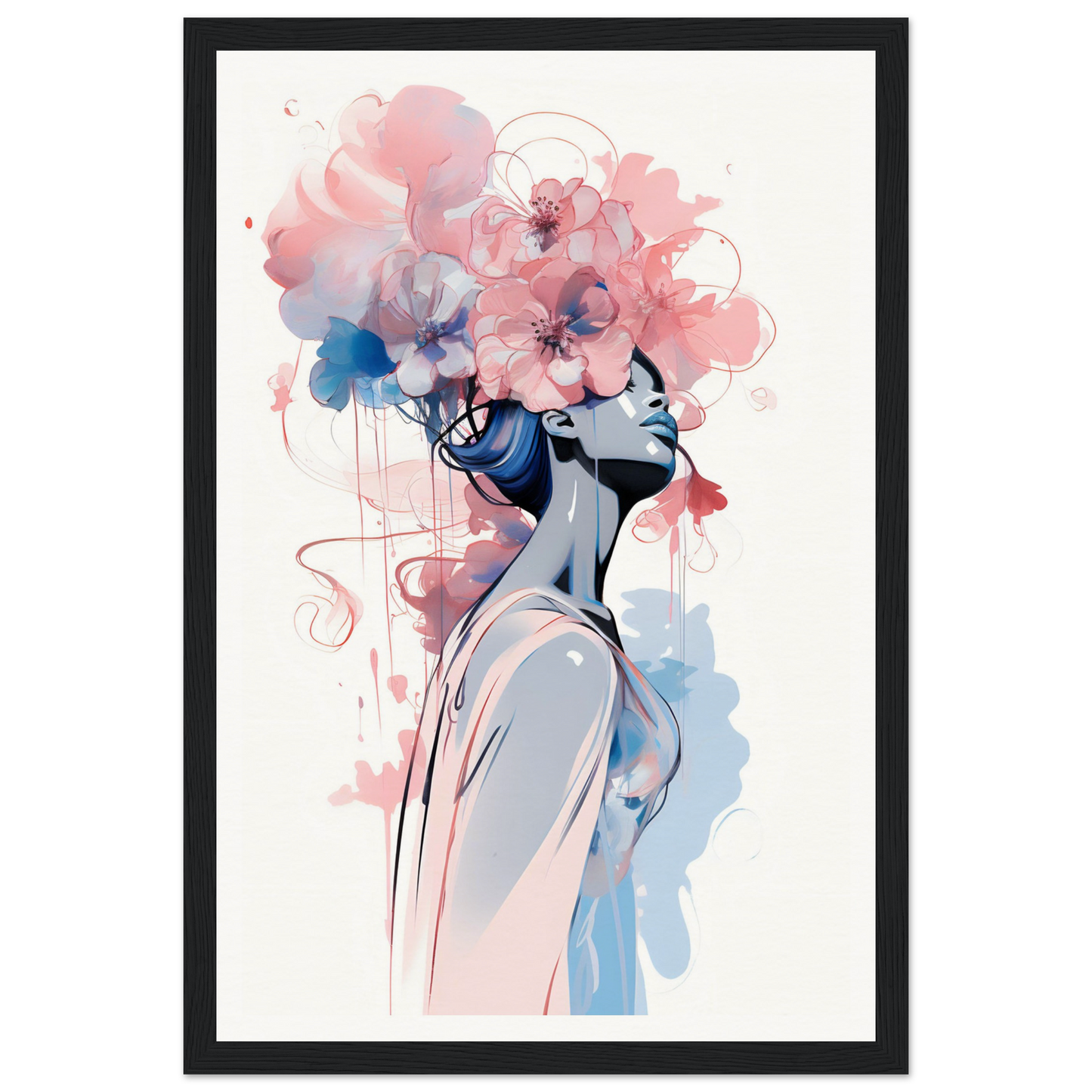 Artistic portrait of a figure with a floral headdress in watercolor style.