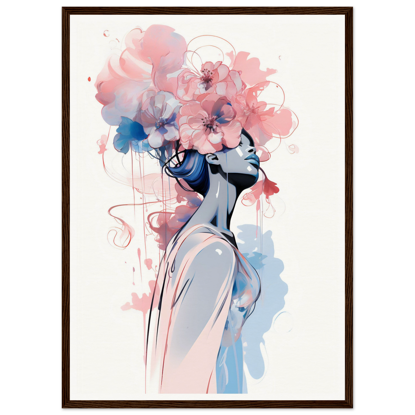 Artistic portrait of a figure with a floral headdress in soft pink and blue watercolor tones.