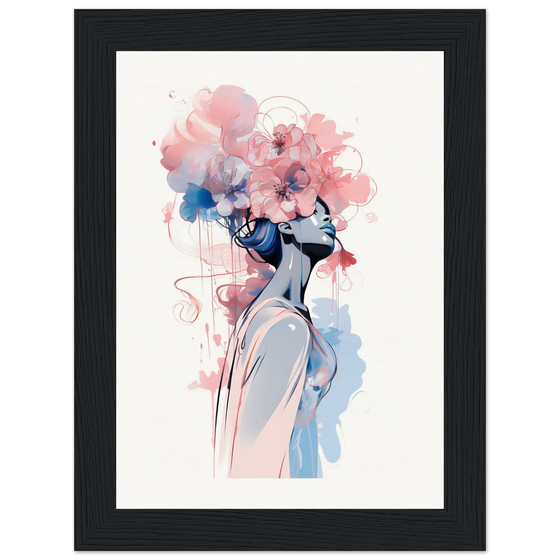 Watercolor-style painting of a figure with a floral head in pink and blue tones.