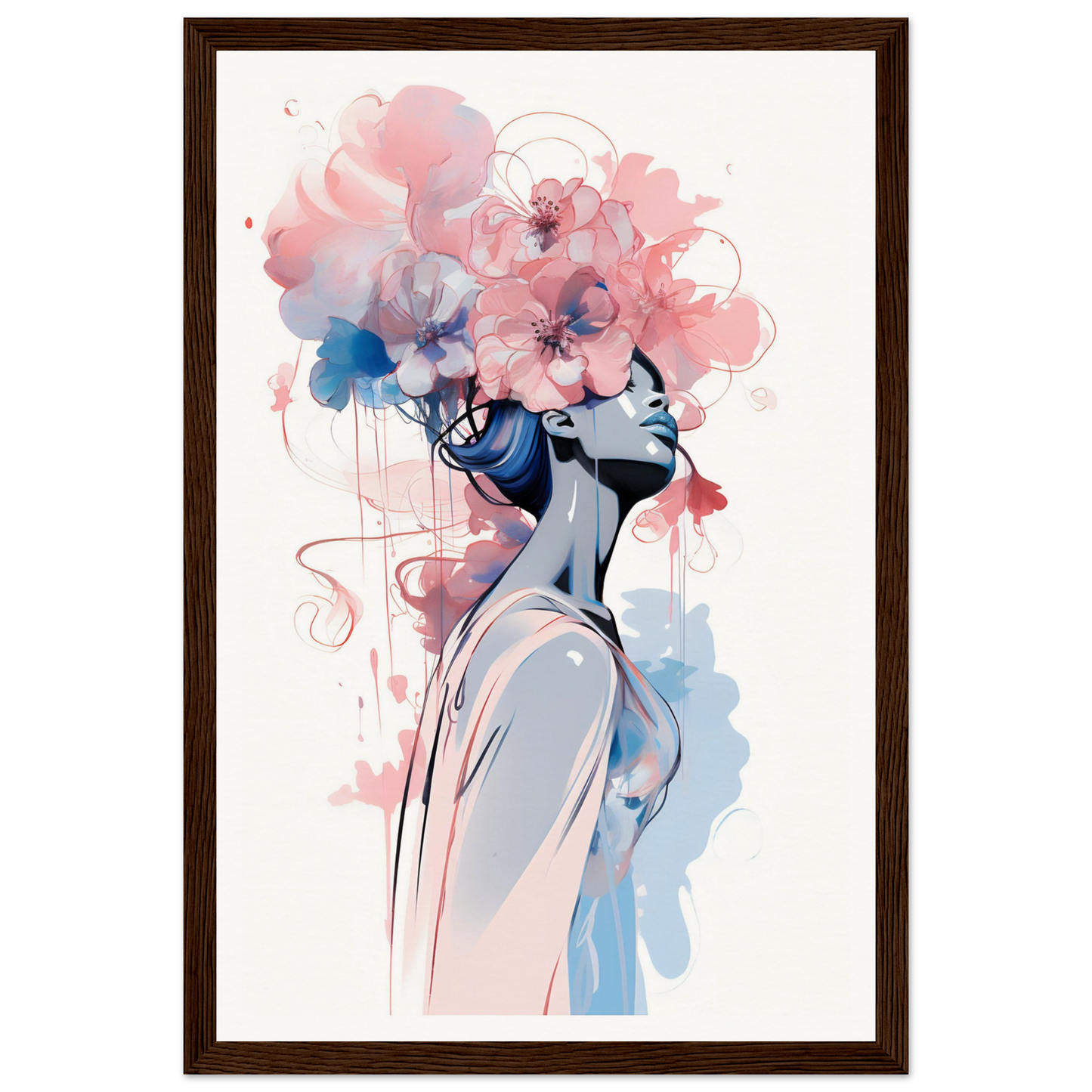 Artistic portrait of a woman with floral elements replacing her hair and face, rendered in soft pink and blue watercolor-like tones.