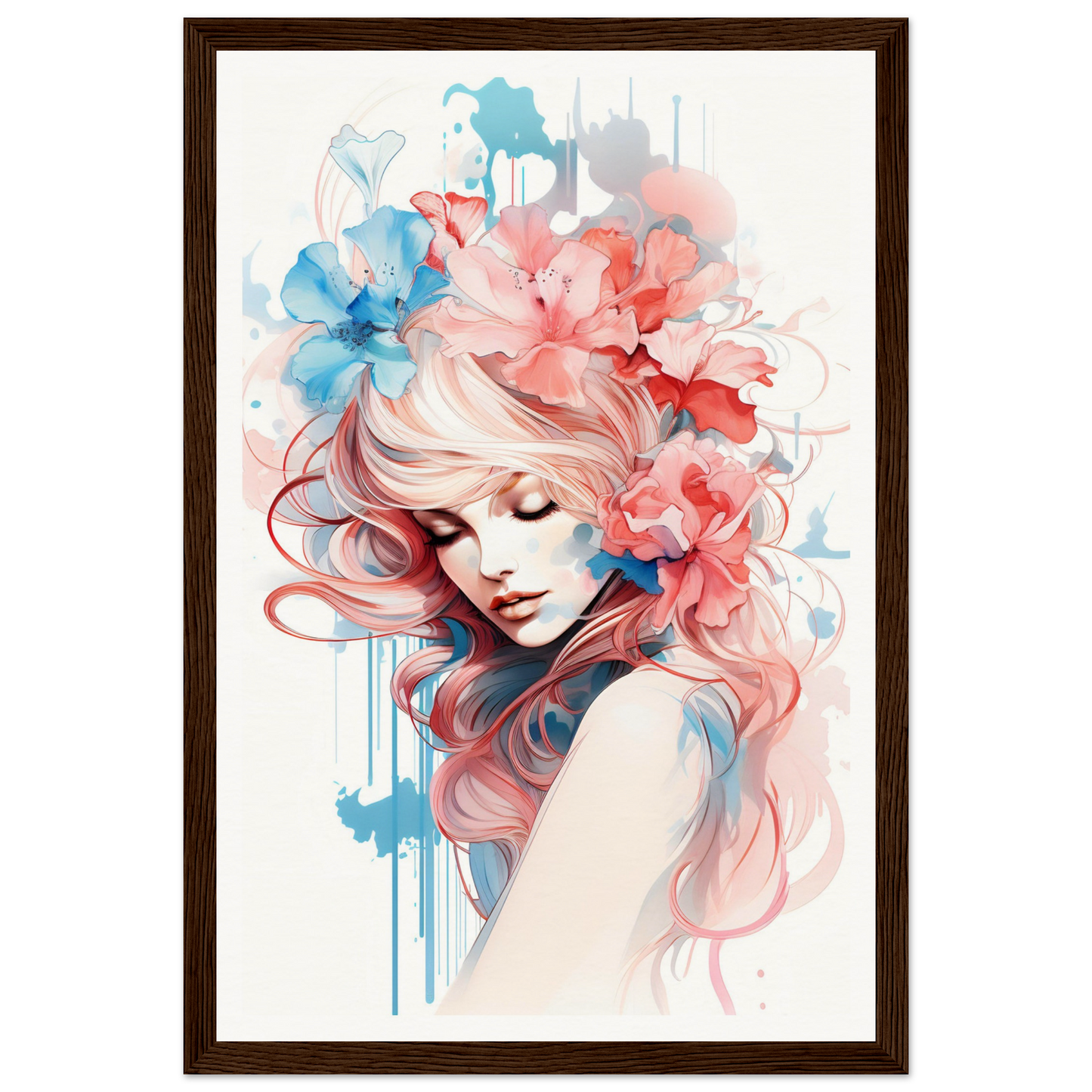 Watercolor-style portrait of a woman with flowing pink hair adorned with blue and red flowers.