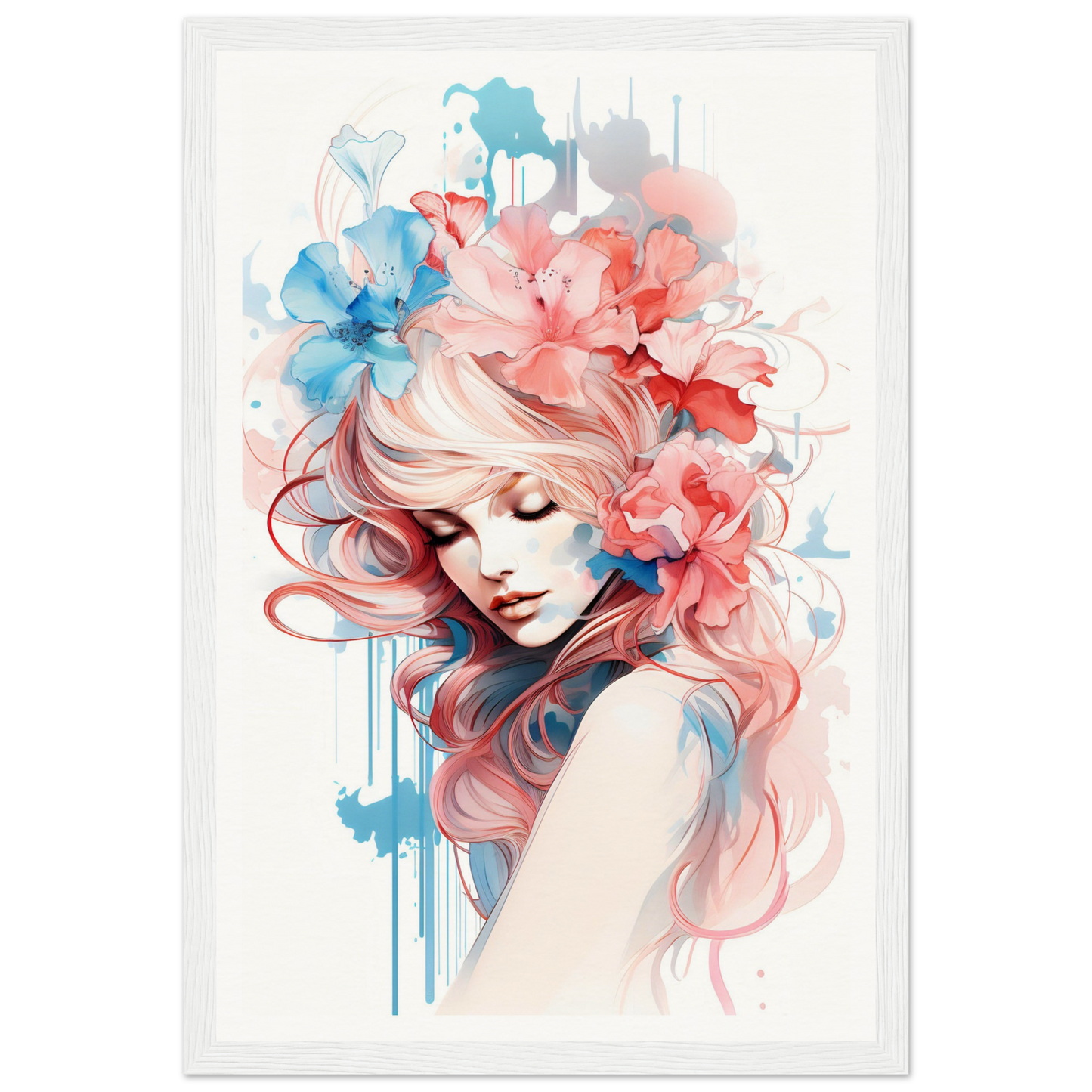 Watercolor-style portrait of a woman with flowing pink hair adorned with blue and red flowers.