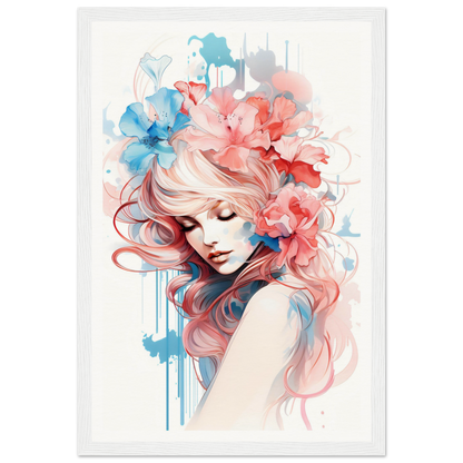 Watercolor-style portrait of a woman with flowing pink hair adorned with blue and red flowers.