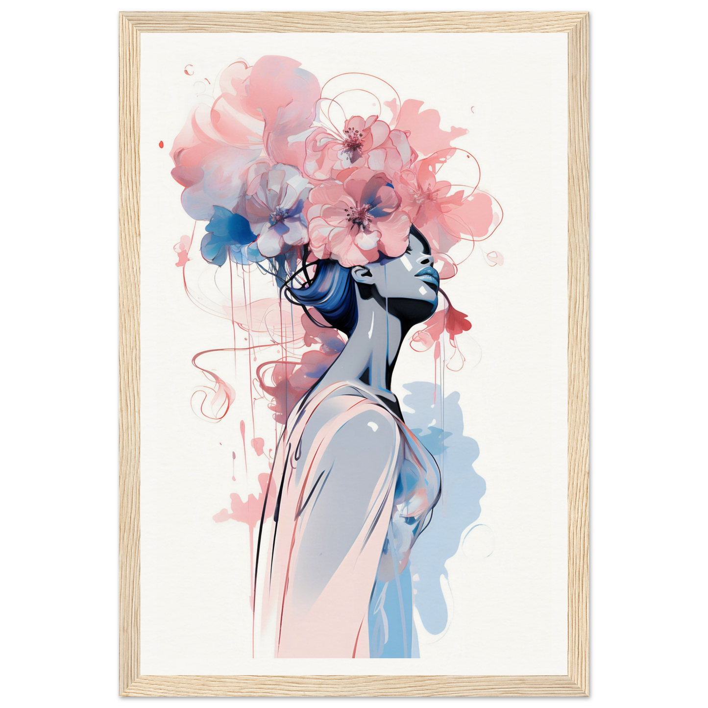 Artistic portrait of a figure with a floral headdress composed of pink and blue watercolor-style blooms.