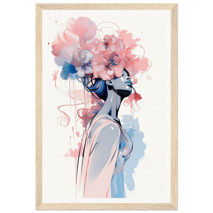 Artistic portrait of a figure with a floral headdress composed of pink and blue watercolor-style blooms.