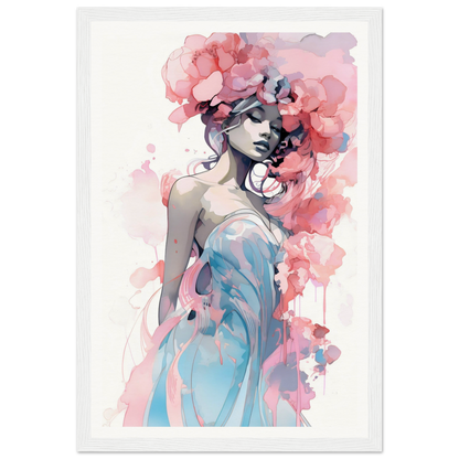 Watercolor-style painting of a woman with pink floral elements in her hair and a blue dress.