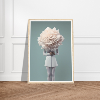 Framed surrealist artwork depicting a figure with a giant white flower for a head.