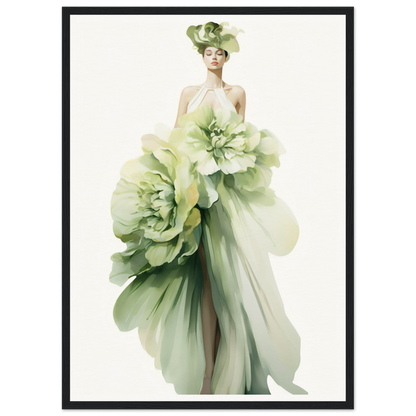 Elegant figure wearing a flowing green gown resembling giant flower petals.