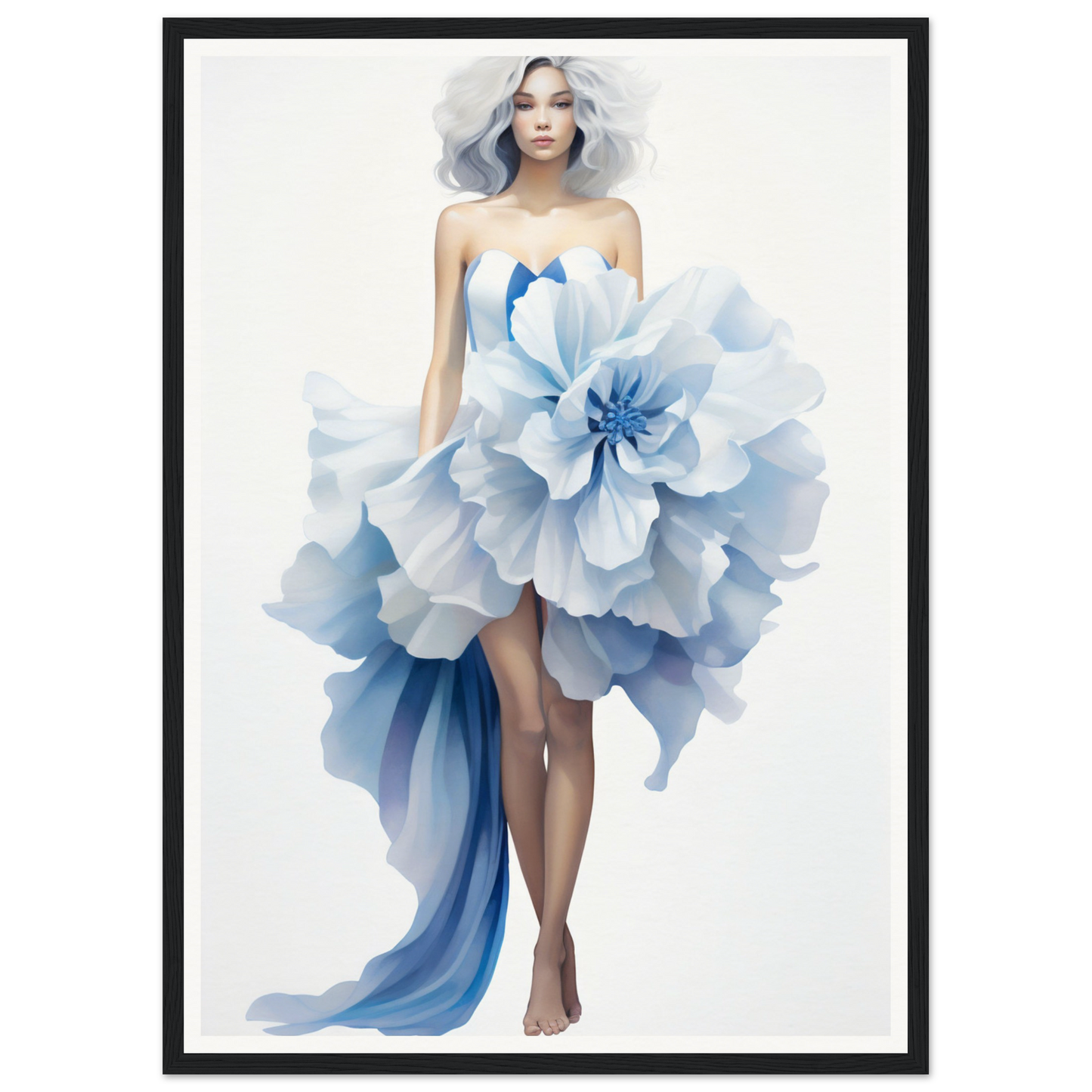 Woman wearing an ethereal dress resembling a giant blue flower.