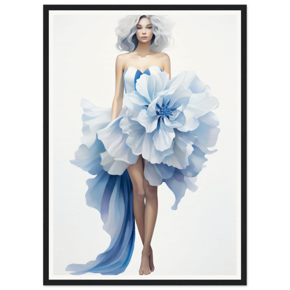 Woman wearing an ethereal dress resembling a giant blue flower.