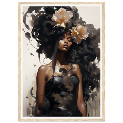 Artistic portrait featuring flowing dark hair adorned with white flowers.