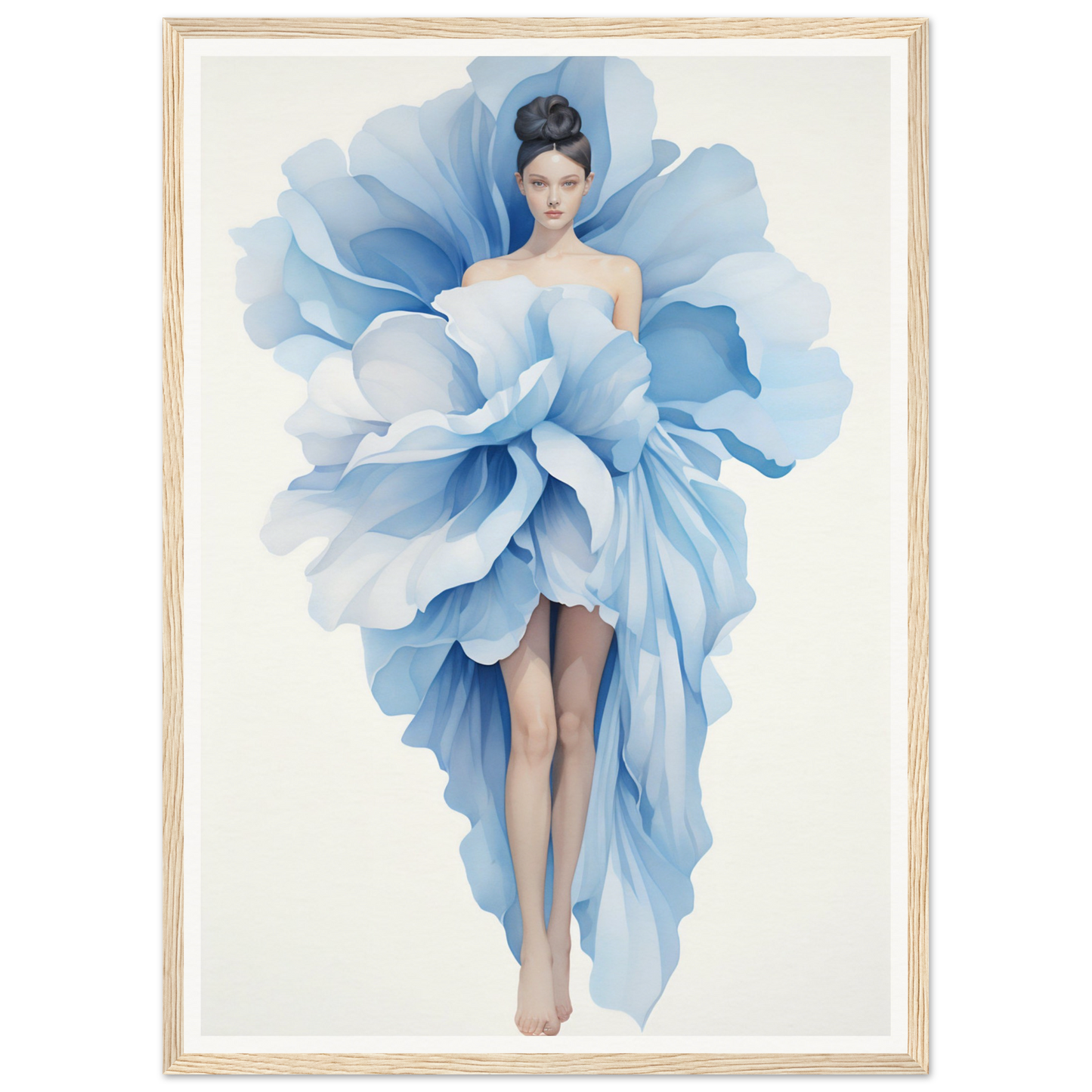 Woman wearing an elaborate dress resembling a giant blue flower petal.