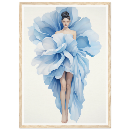 Woman wearing an elaborate dress resembling a giant blue flower petal.