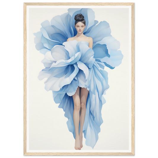 Woman wearing an elaborate dress resembling a giant blue flower petal.