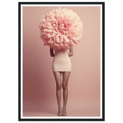 A pink chrysanthemum-like flower replacing a person’s head and upper body.