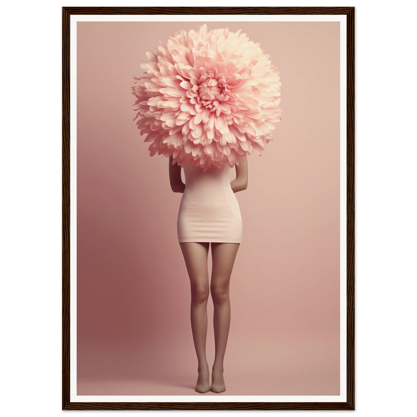 A person wearing a giant pink flower as a head, standing in a short white dress.