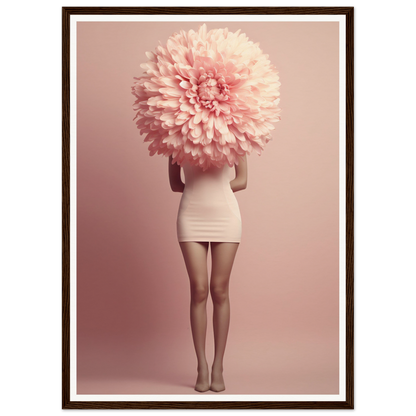 A person wearing a giant pink flower as a head, standing in a short white dress.