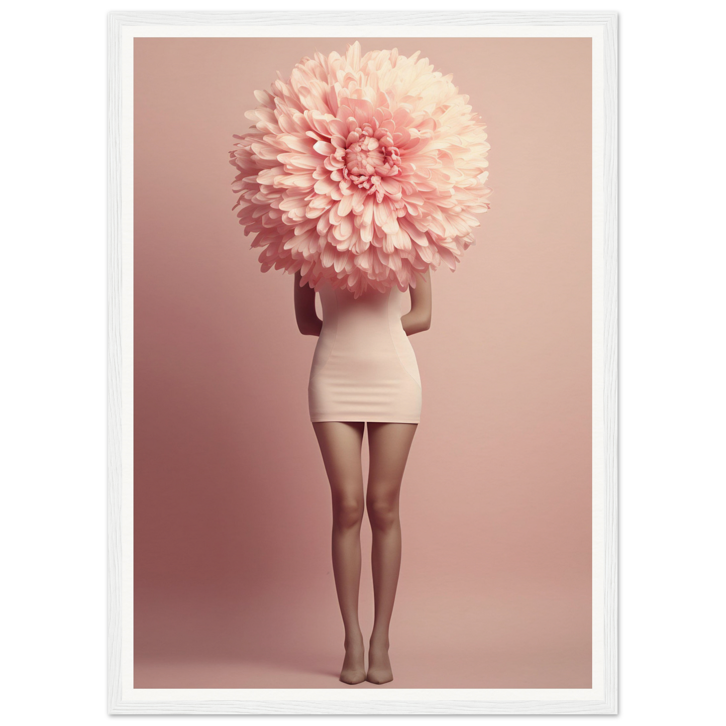 A person wearing a white mini dress with an oversized pink flower obscuring their head and upper body.