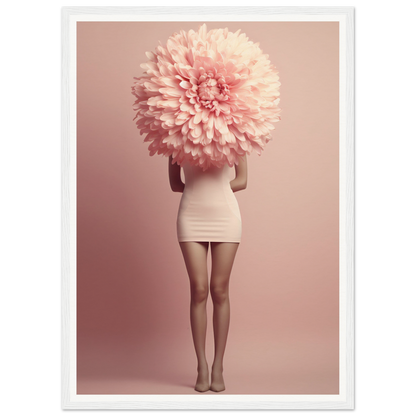 A person wearing a white mini dress with an oversized pink flower obscuring their head and upper body.