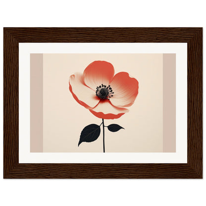 Stylized red poppy flower with black center and stem against a light background.