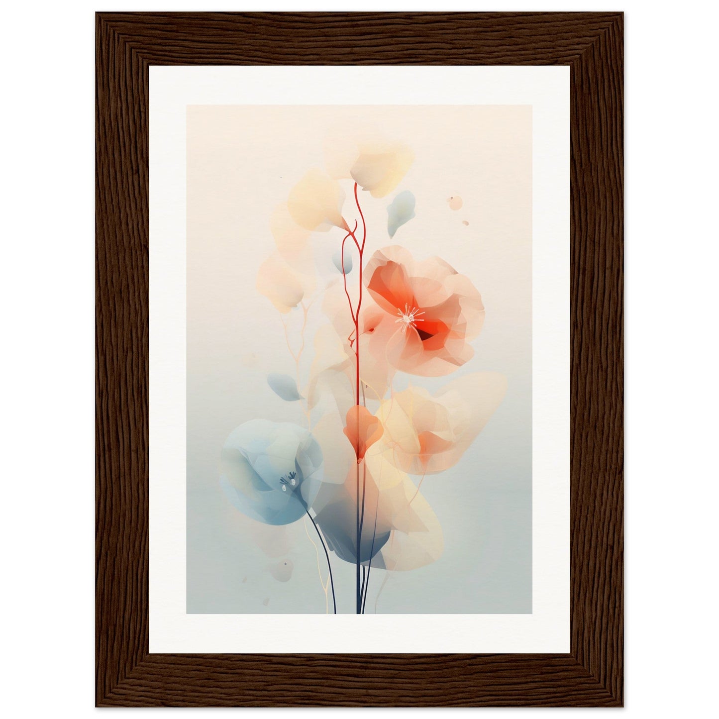 Framed watercolor painting of delicate flowers with soft, muted colors.