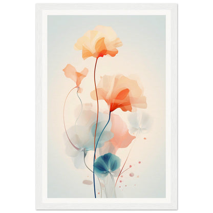 Delicate watercolor painting of soft orange and blue flowers with slender stems.