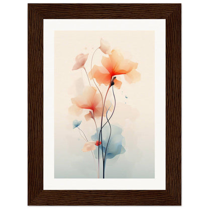 Framed watercolor painting of delicate orange and pink flowers with slender stems.