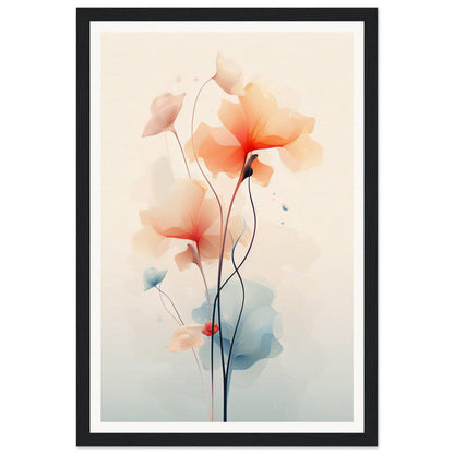 Delicate watercolor painting of abstract flowers with soft orange and blue hues.