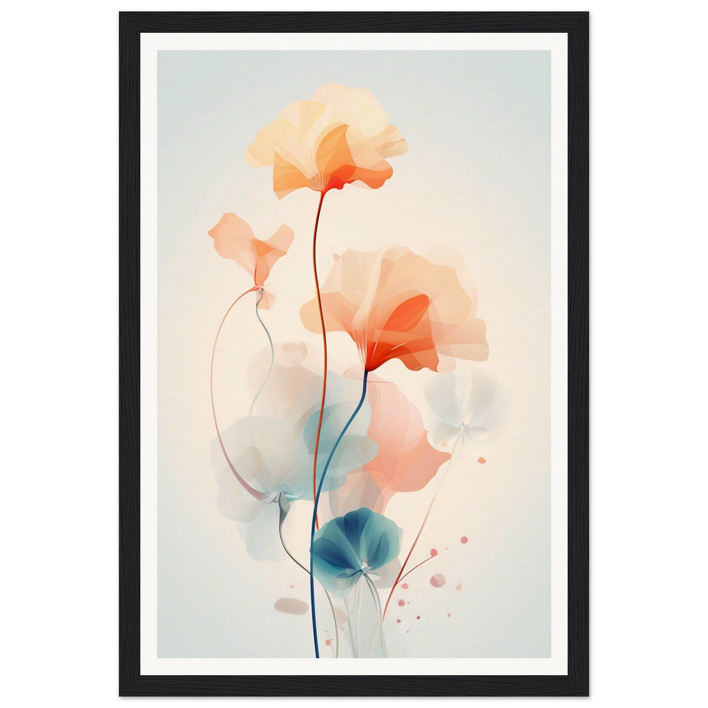 Delicate watercolor painting of abstract flowers with soft orange and blue hues.