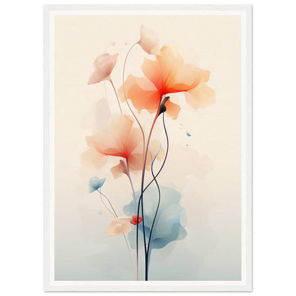 Delicate watercolor painting of abstract flowers with soft orange and pink petals on slender stems.