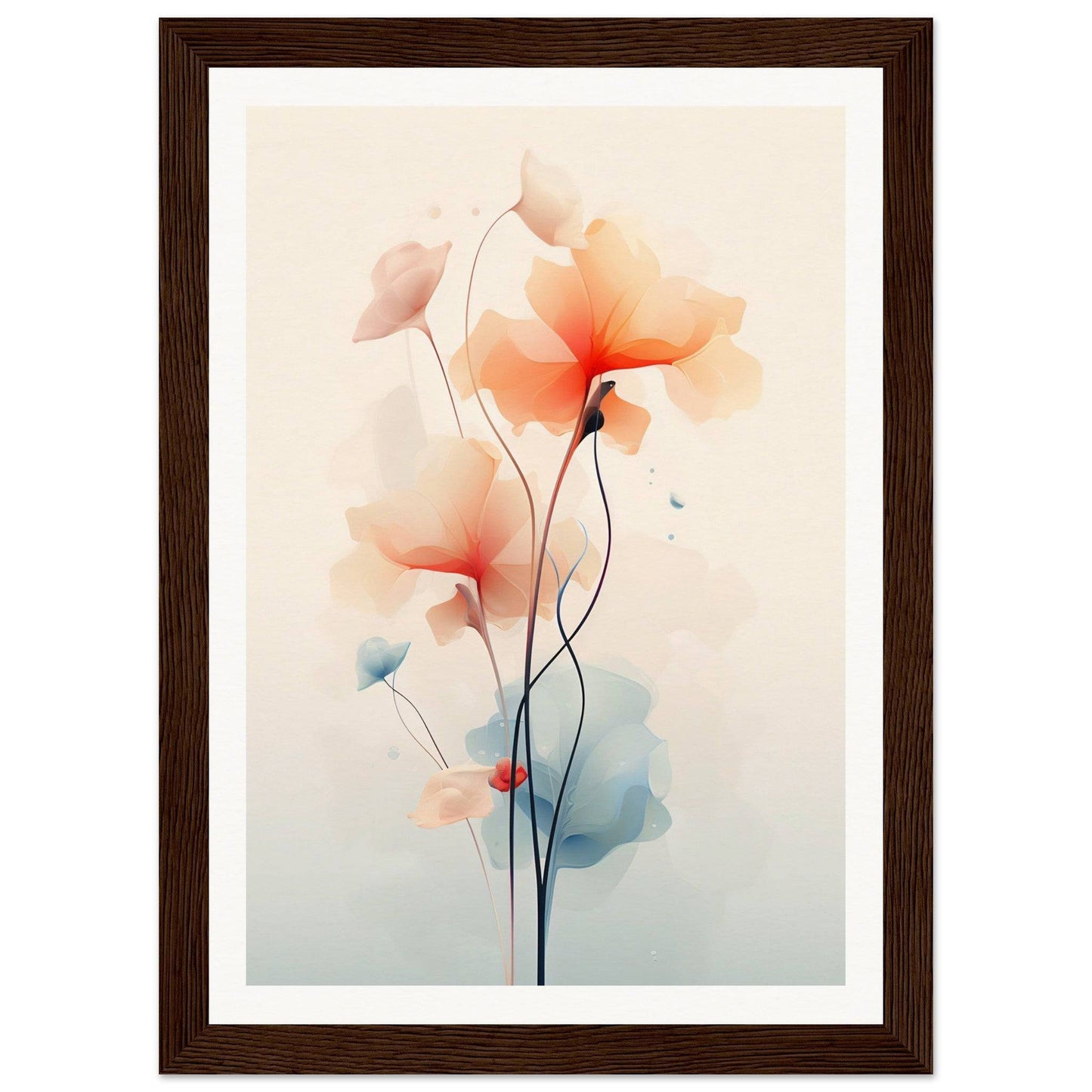 Delicate watercolor painting of soft orange and pink poppies with slender stems.